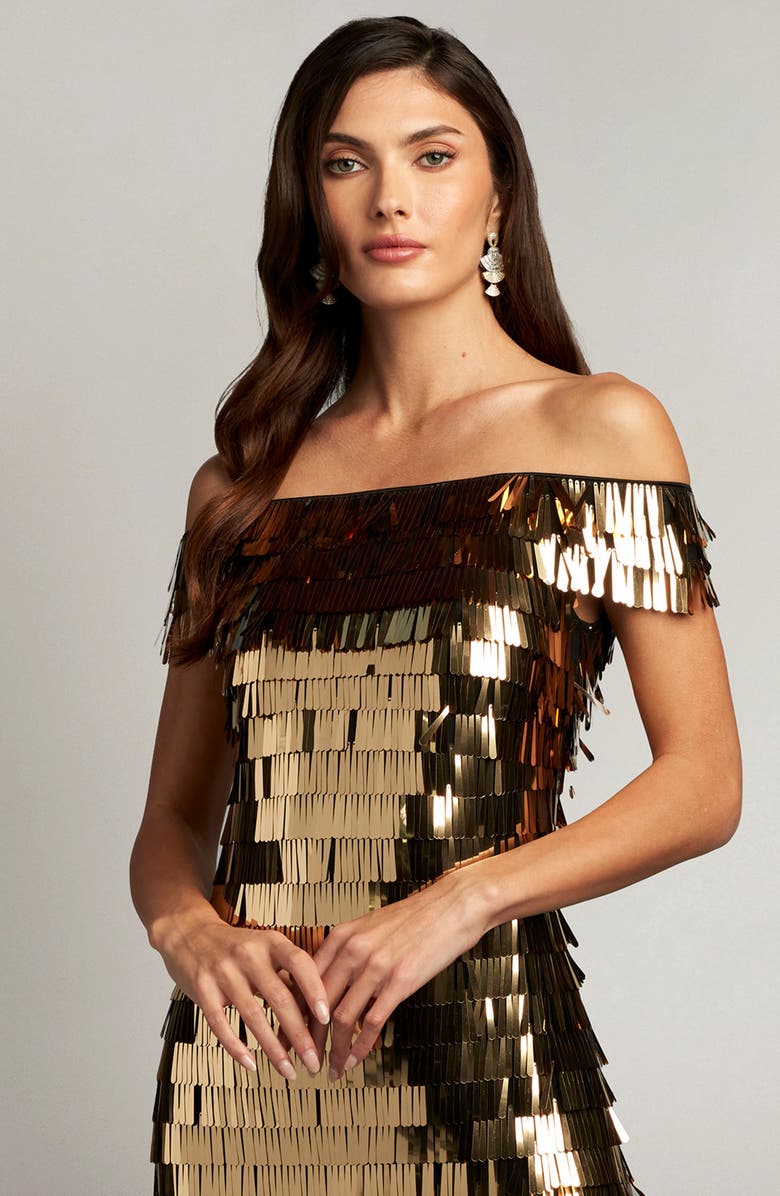 SHO by Tadashi Shoji Sequin Fringe Off the Shoulder Dress, Alternate, color, Golden