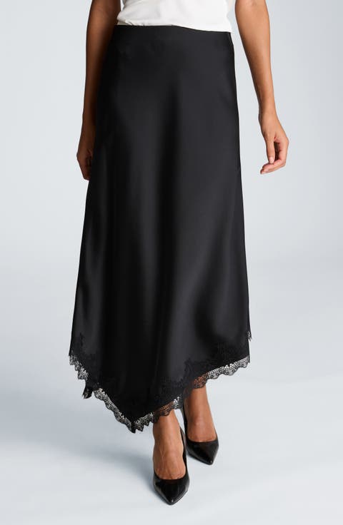 Asymmetric Lace Trim Satin Midi Skirt