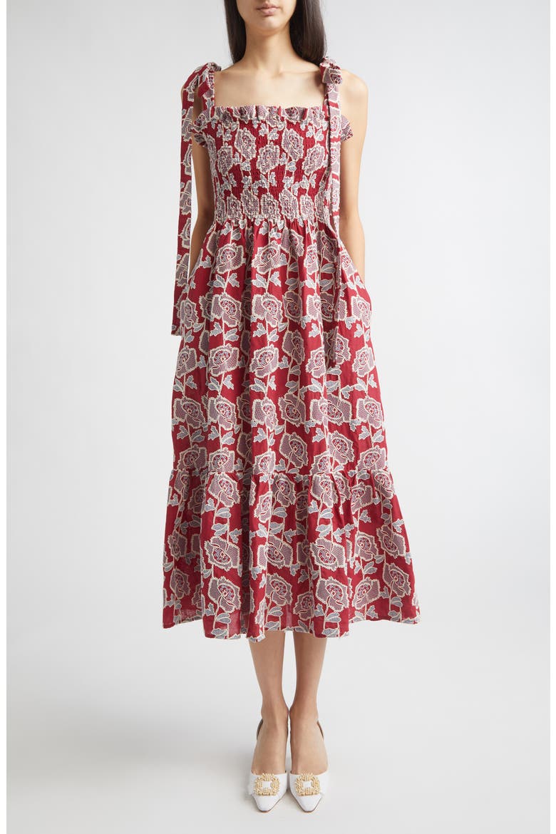 Floral Embroidered Tiered Cotton Blend Midi Sundress, Main, color, CHERRY