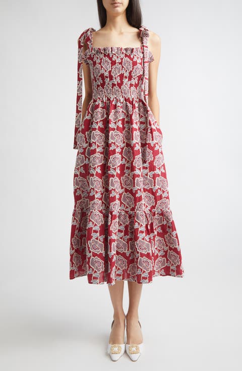 Floral Embroidered Tiered Cotton Blend Midi Sundress