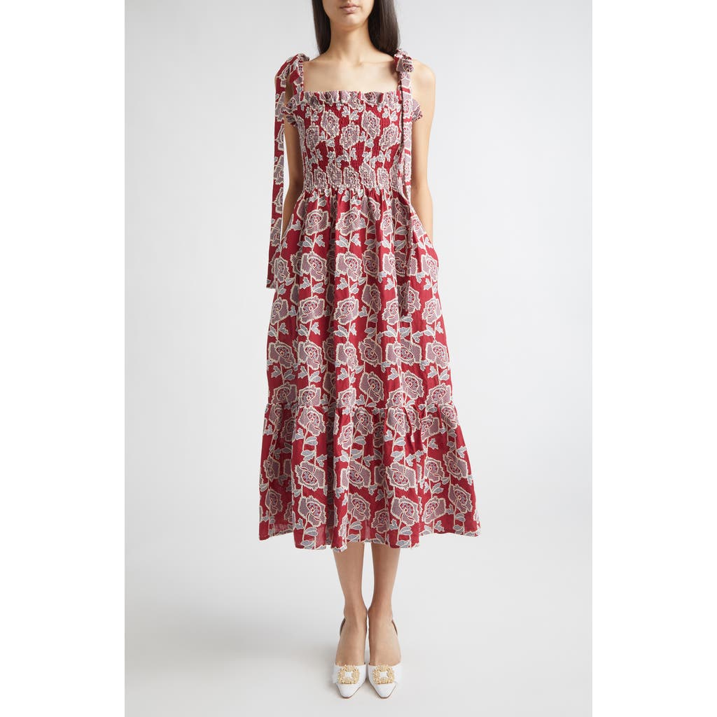 Erdem Floral Embroidered Tiered Cotton Blend Midi Sundress in Cherry at Nordstrom, Size 10