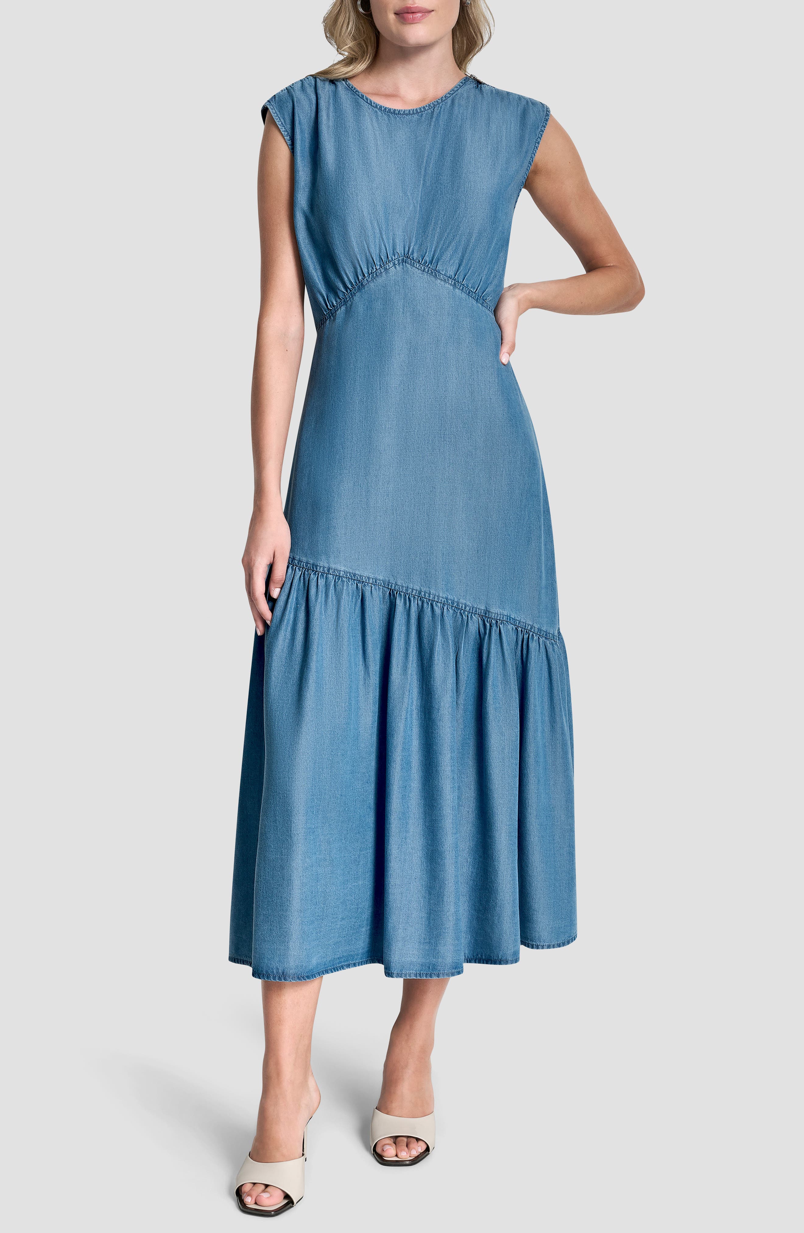 Shirred Chambray Midi Dress