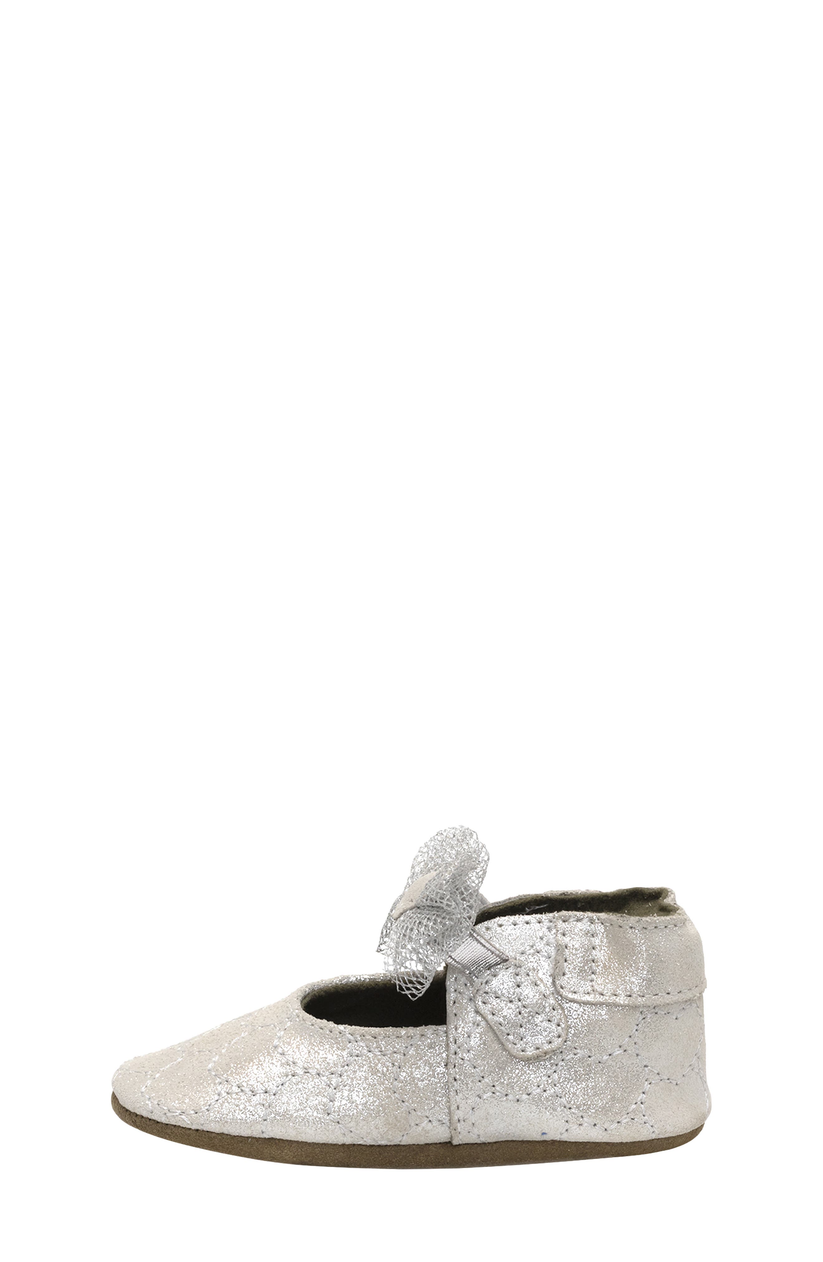 Robeez<sup>®</sup> Desiree Heart Bow Mary Jane Crib Shoe, Alternate, color, Silver