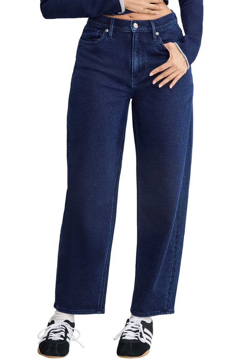 Jeanius Barrel Leg Faux Denim Terry Sweatpants, Main, color, INDIGO1029