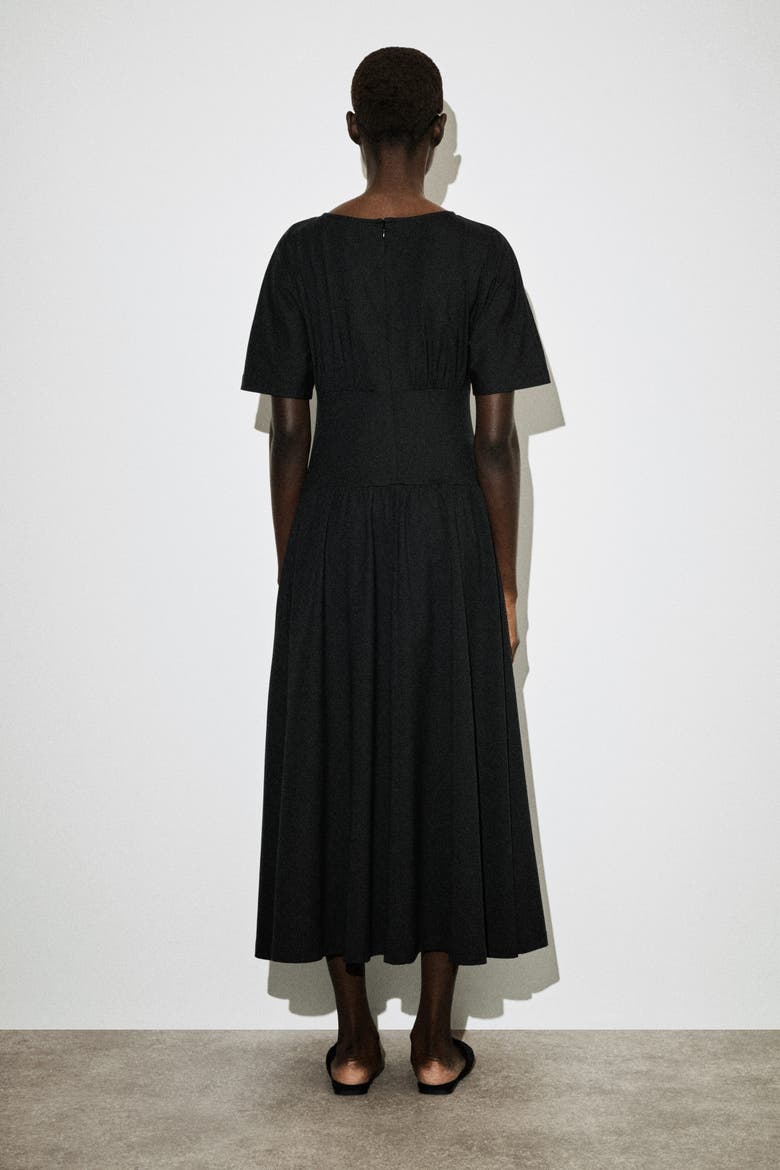 Waisted Cotton Midi Dress, Alternate, color, BLACK