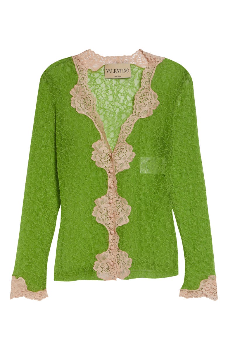 Valentino Scalloped Trim Stretch Lace Cardigan, Main, color, Green