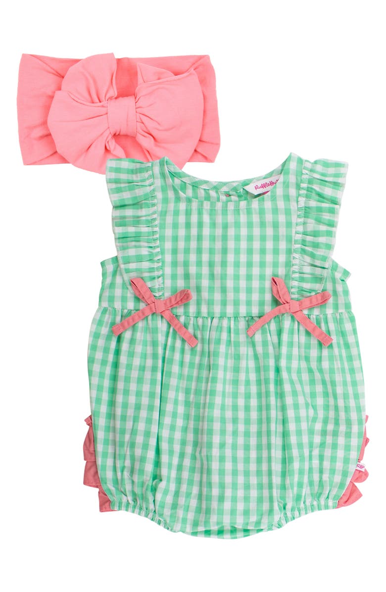 RuffleButts Spring Romper & Bow, Main, color, Green