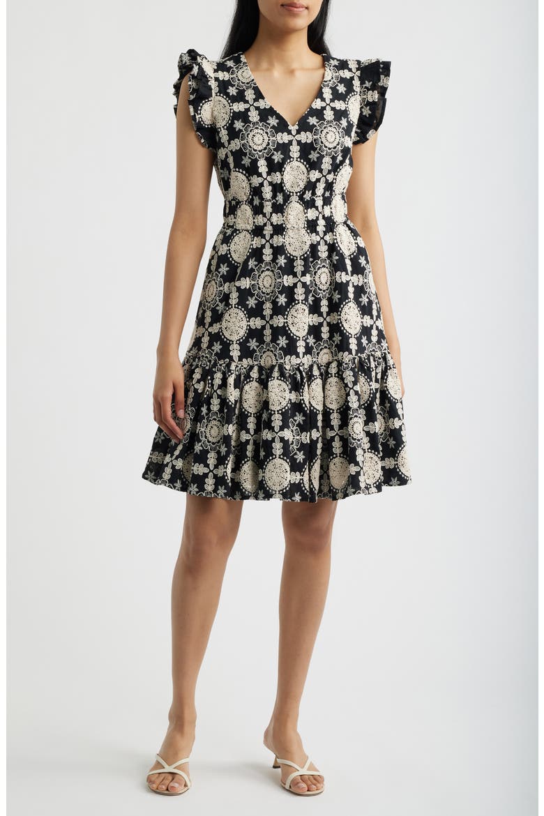 Ruffle V-Neck Cotton Dress, Main, color, ANNE BLACK/ IVORY