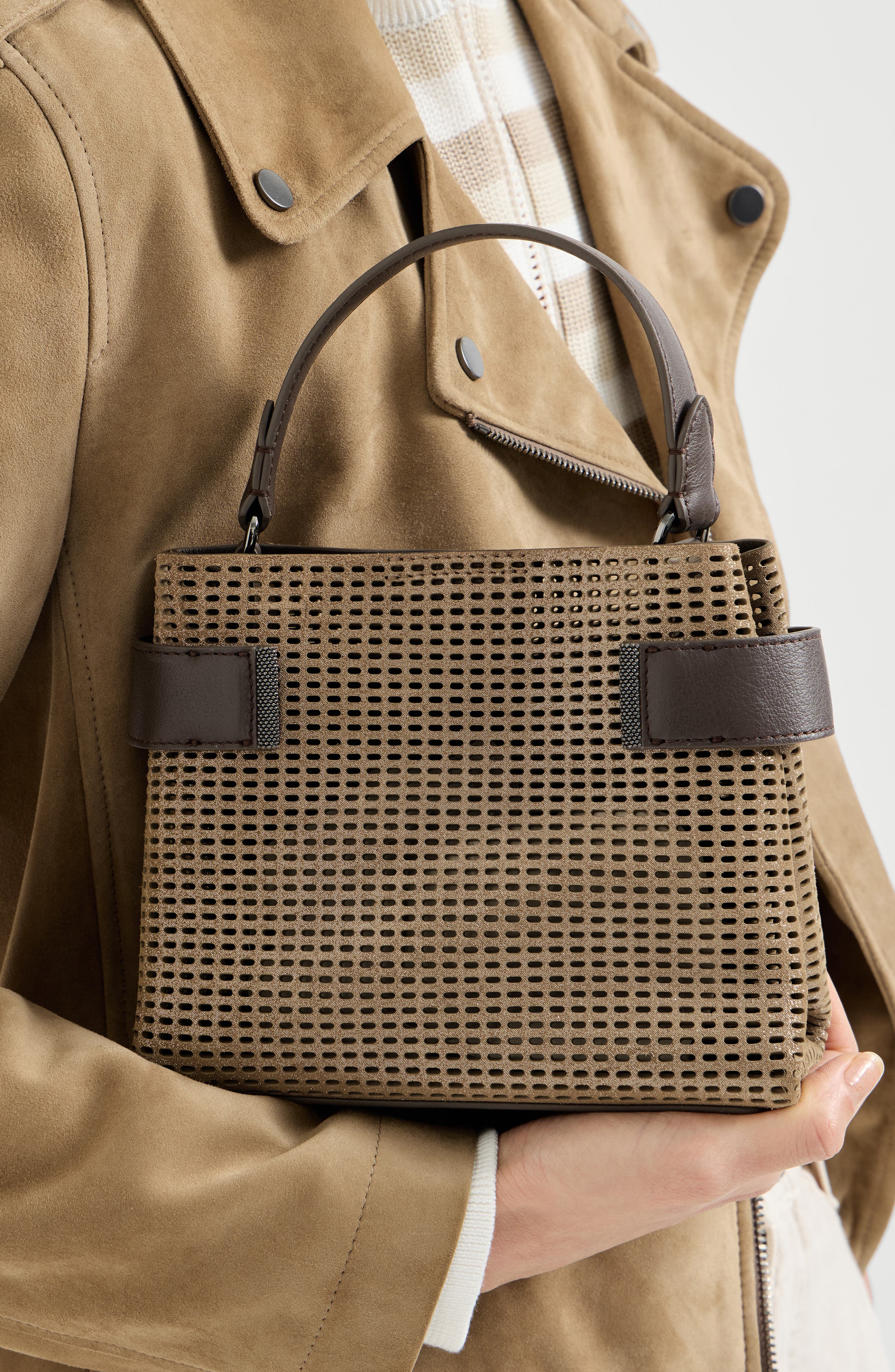 Brunello Cucinelli Leather Essence small top-handle bag, Alternate, color, Brown