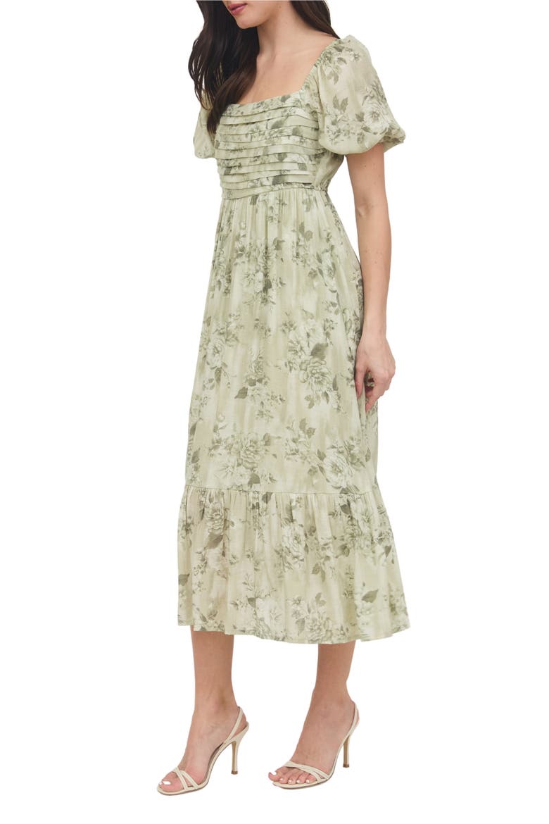Puff Sleeve Midi Dress, Alternate, color, OLIVE MULTI