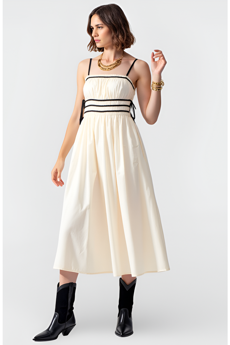 Smocked Waist Midi Dress with Contrast Trim and Spaghetti Straps, Alternate, color, Ivory / Black