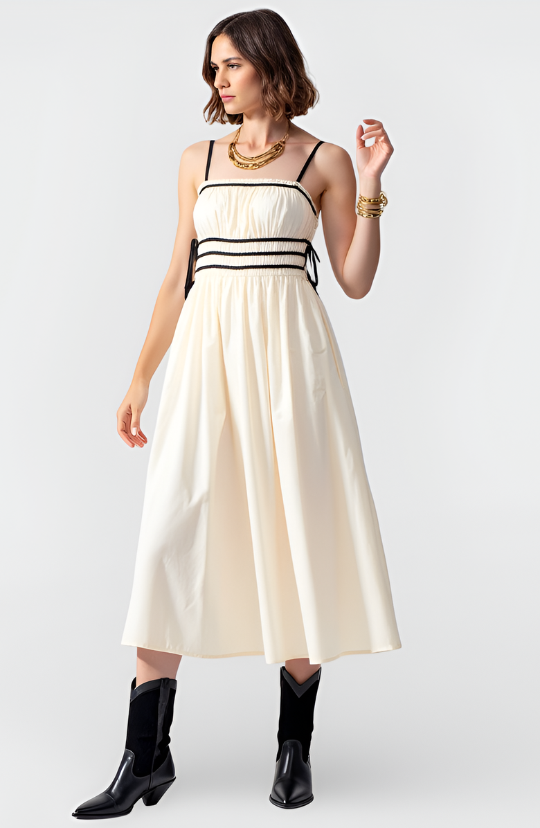 Modenaire Smocked Waist Midi Dress with Contrast Trim and Spaghetti Straps, Alternate, color, Ivory / Black