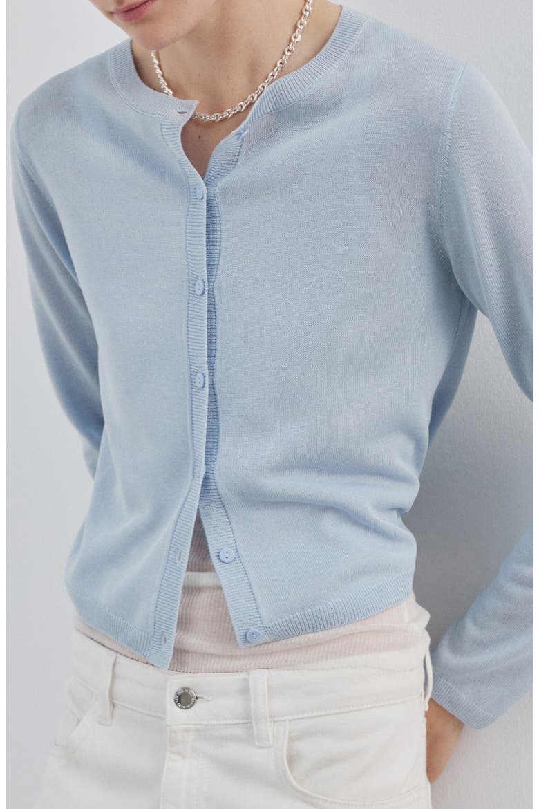 Fine Knit Crewneck Cardigan, Alternate, color, SKY BLUE