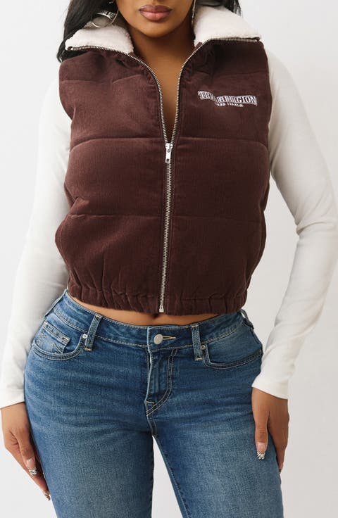 Corduroy Faux Shearling Lined Quilted Puffer Vest