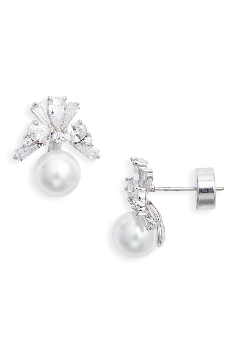 Cubic Zirconia & Faux Pearl Stud Earrings, Main, color, CLEAR WHITE SILVER