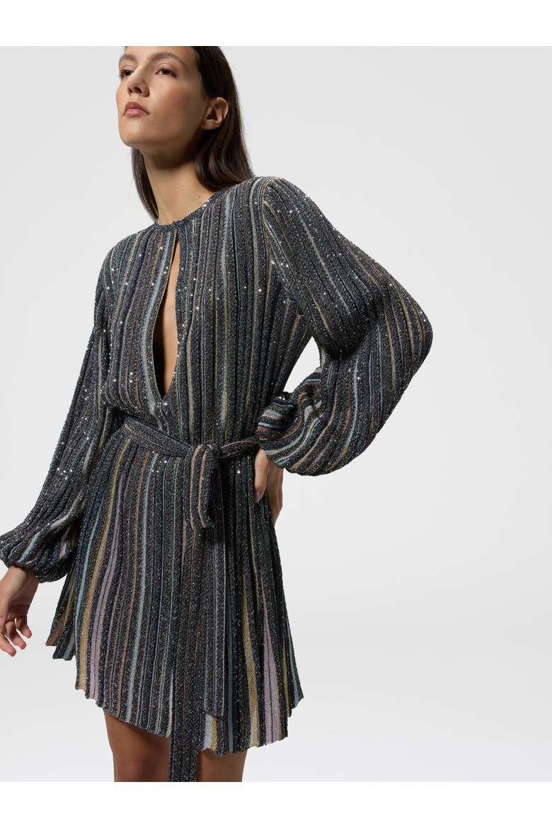 Short Dress With V-neck And Belt, Alternate, color, Black Multicoloured