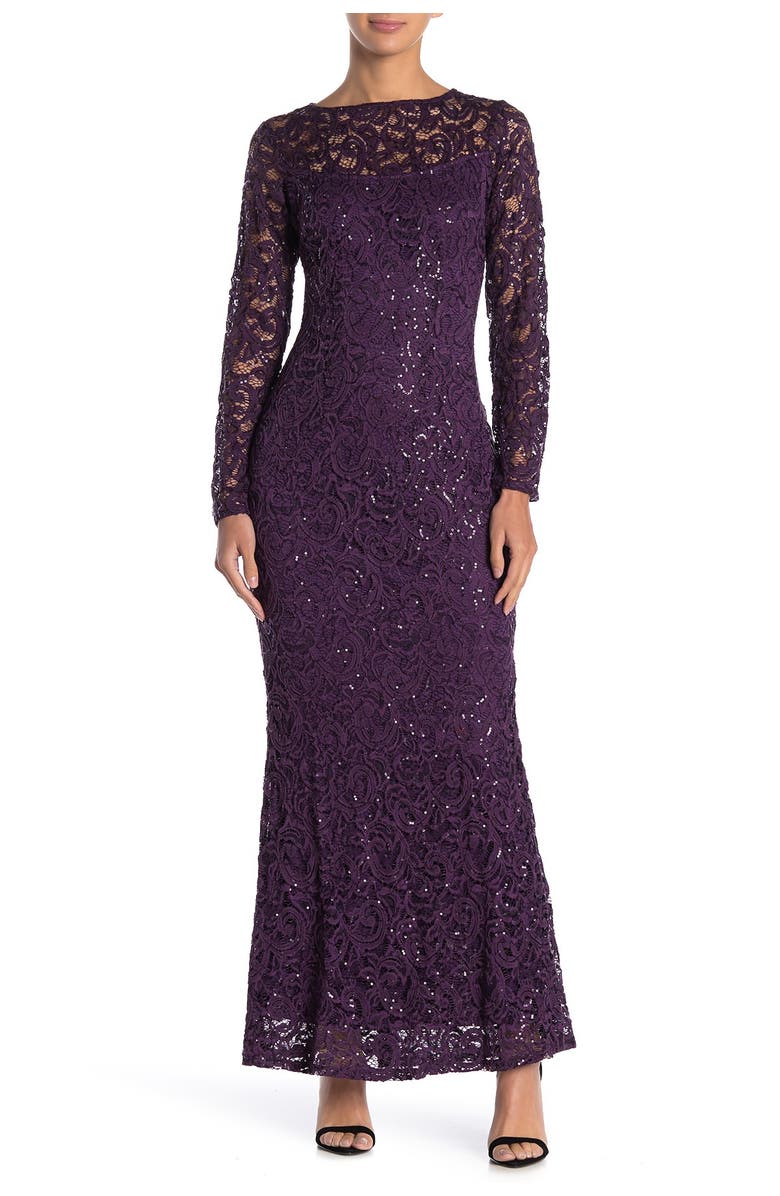 Marina Sequin Lace Long Sleeve Gown, Main, color, Eggplant
