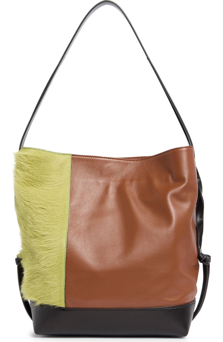 Marni Small Leather & Genuine Calf Hair Hobo Bag, Alternate, color, Zp051 Citronelle/ Moca/ Black