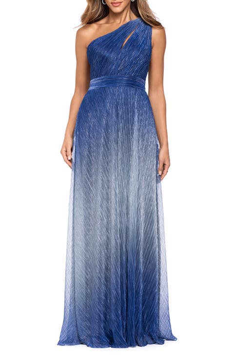 Ombré Metallic Crinkle One-Shoulder Gown