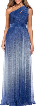 Betsy & Adam Ombré Metallic Crinkle One-Shoulder Gown