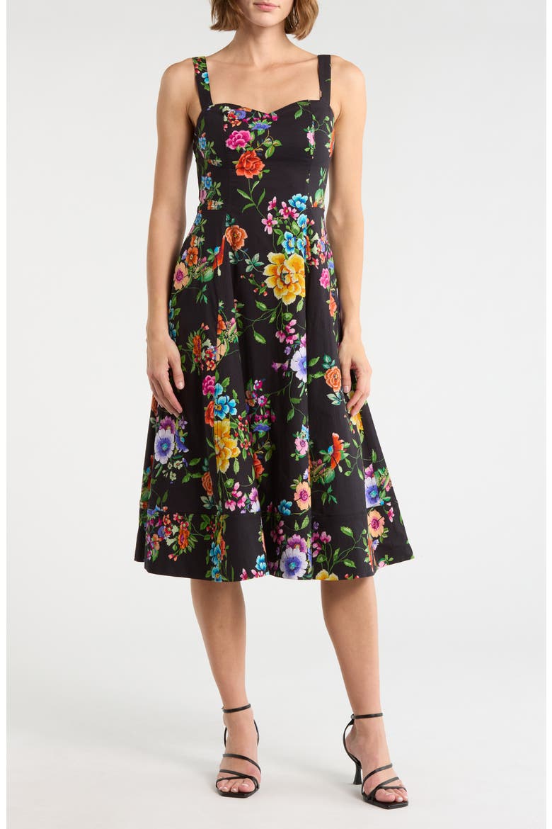 Fit and Flare Sweetheart Dress, Main, color, BLACK ZINNIA FLORAL