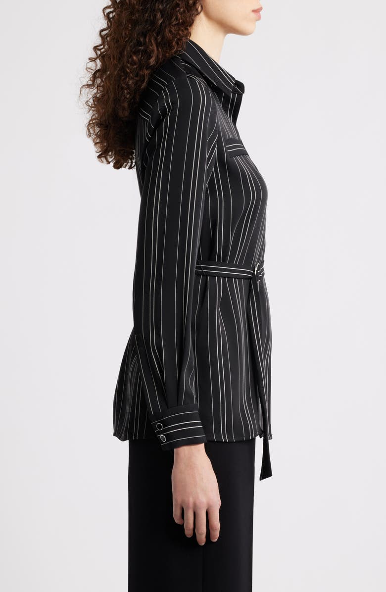 Anne Klein Pinstripe Belted Button-Up Tunic, Alternate, color, Anne Black/ White Dove