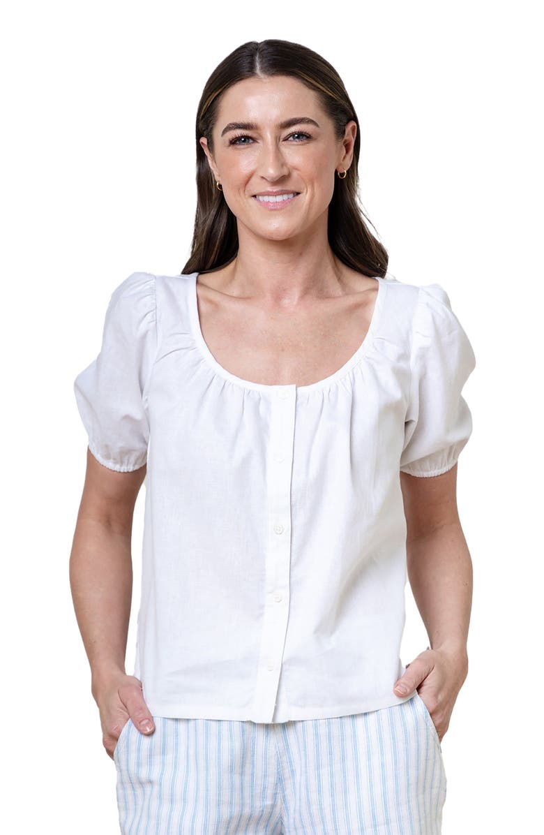 Hope & Henry Women's Bubble Sleeve Button Front Relaxed Linen Top, Alternate, color,