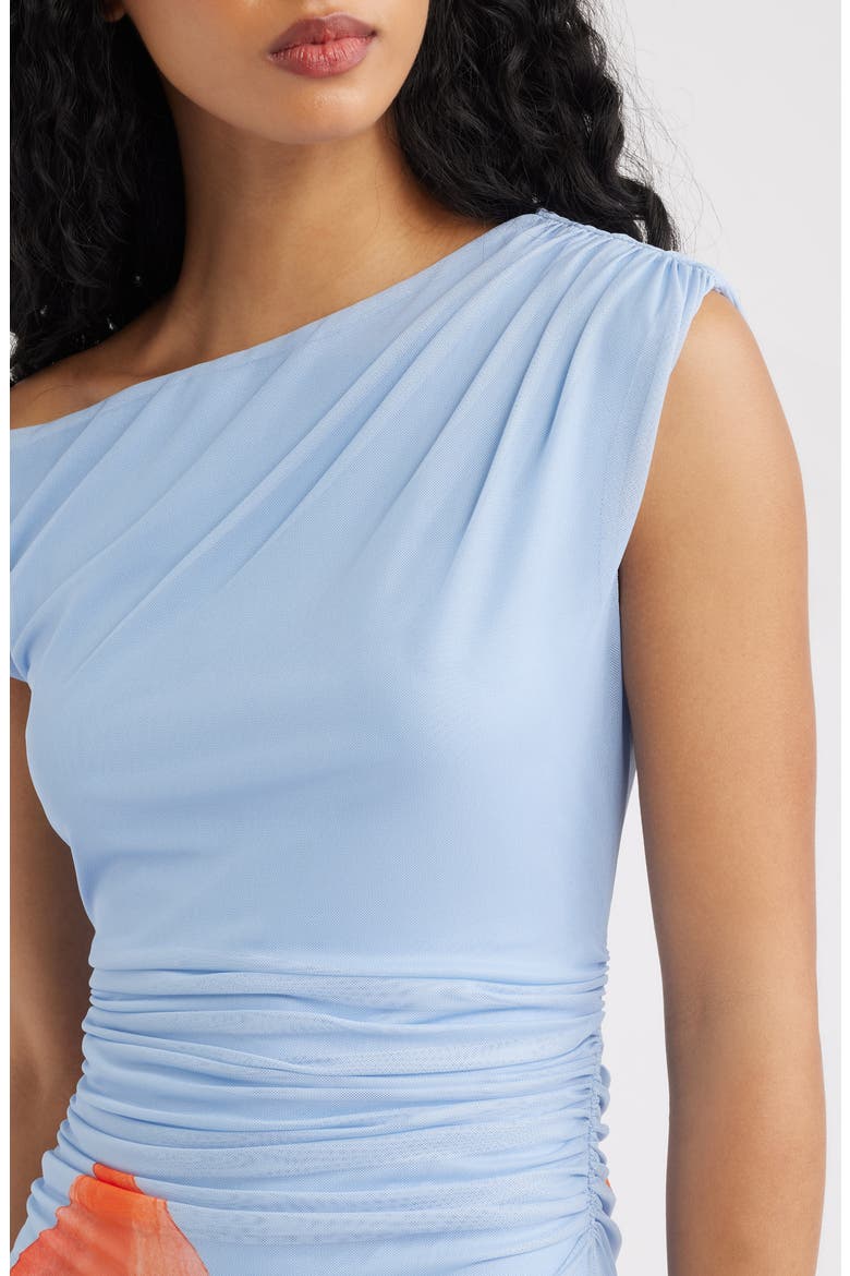 Avah Placed Floral One-Shoulder Mesh Maxi Dress, Alternate, color, BLUE/ ORANGE