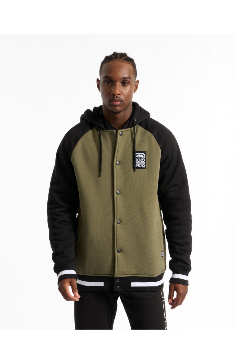 Ecko Unltd. Men's Baseball faux shearling Varsity Jacket, Main, color, Olive