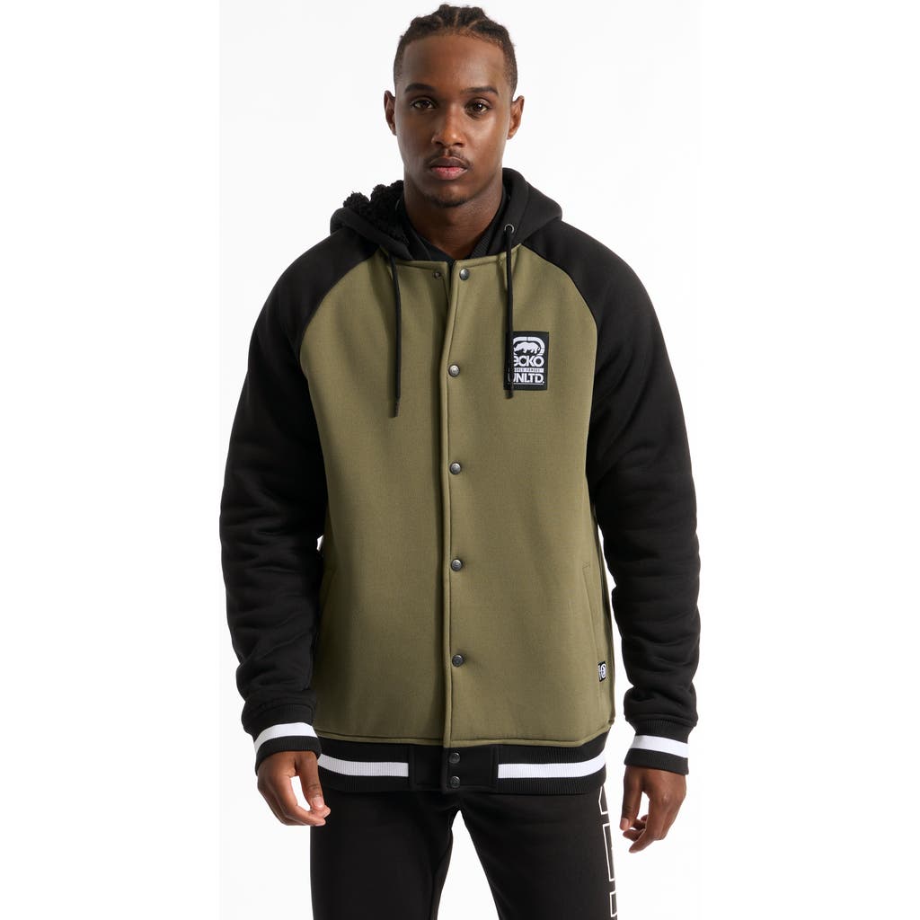 Ecko Unltd Baseball Faux Shearling Varsity Jacket In Olive