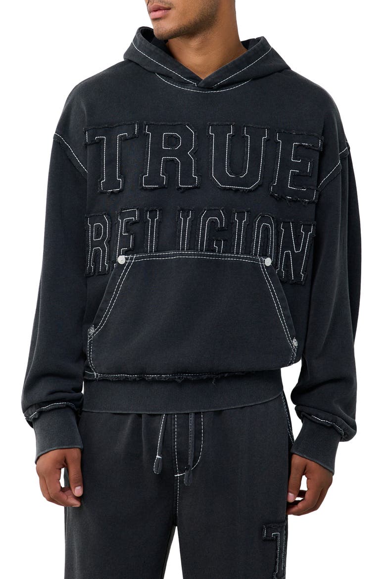 Big T Appliqué Boxy Hoodie, Main, color, JET BLACK