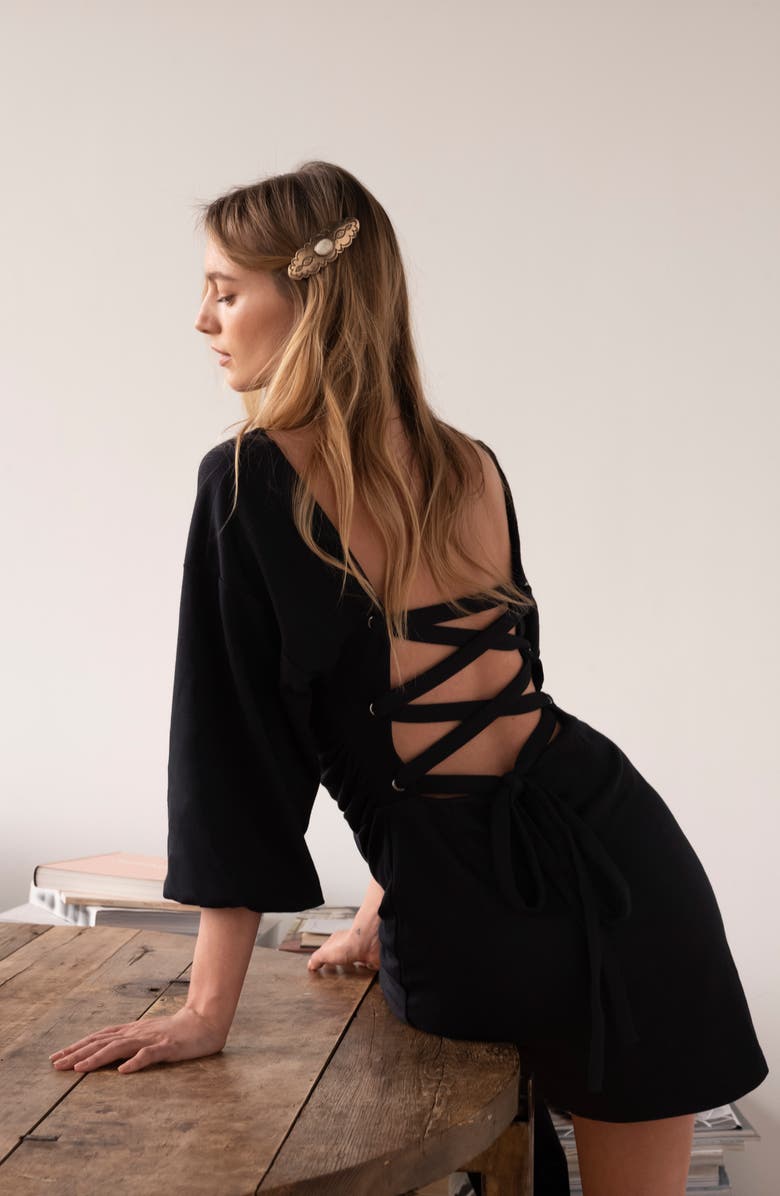 Free People Biana Long Sleeve Lace-Up Back Minidress, Alternate, color,