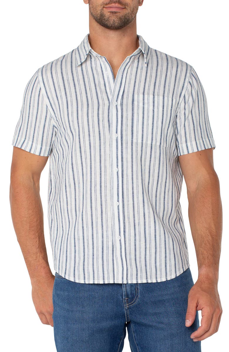 Liverpool Los Angeles Stripe Short Sleeve Linen & Cotton Button-Up Shirt, Main, color, 