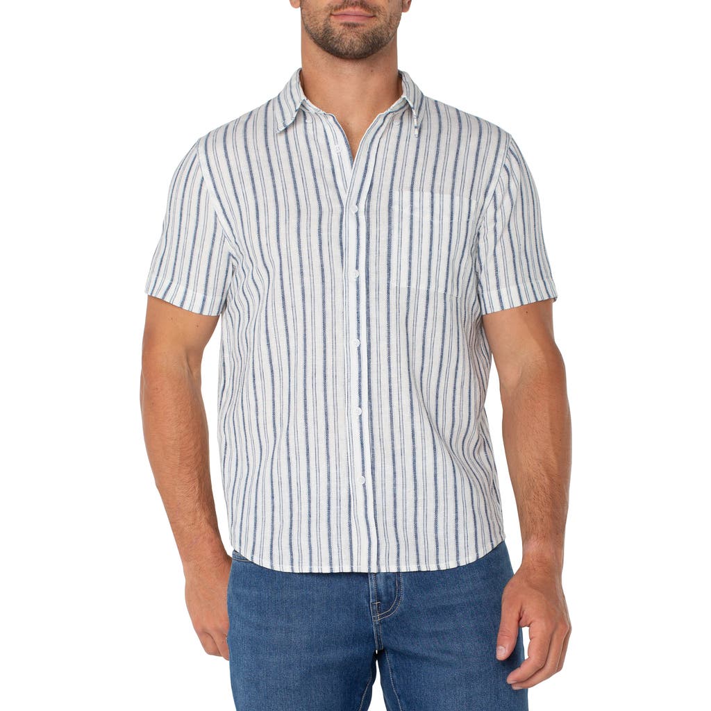 Liverpool Los Angeles Stripe Short Sleeve Linen & Cotton Button-up Shirt In White/navy