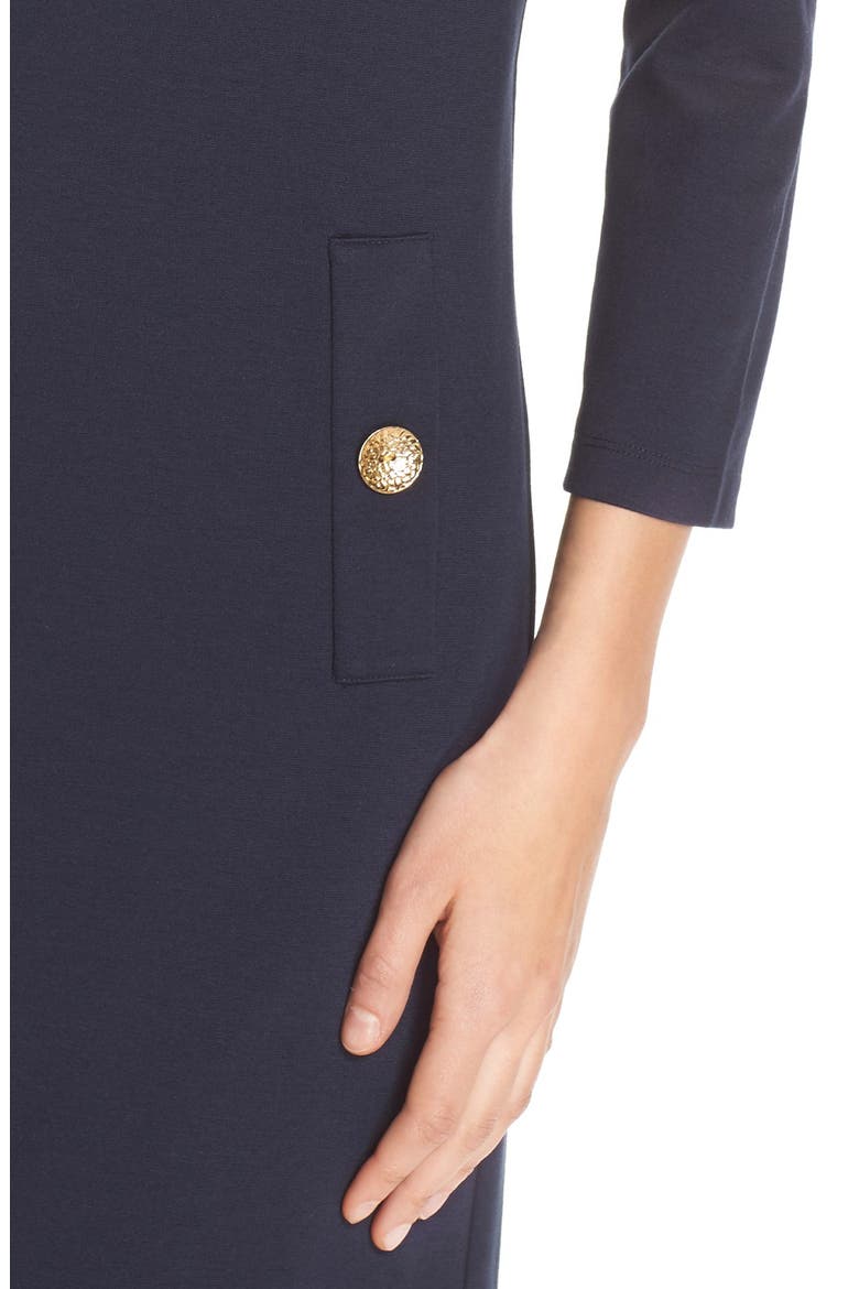 Button Pockets Ponte A-Line Dress, Alternate, color, NAVY