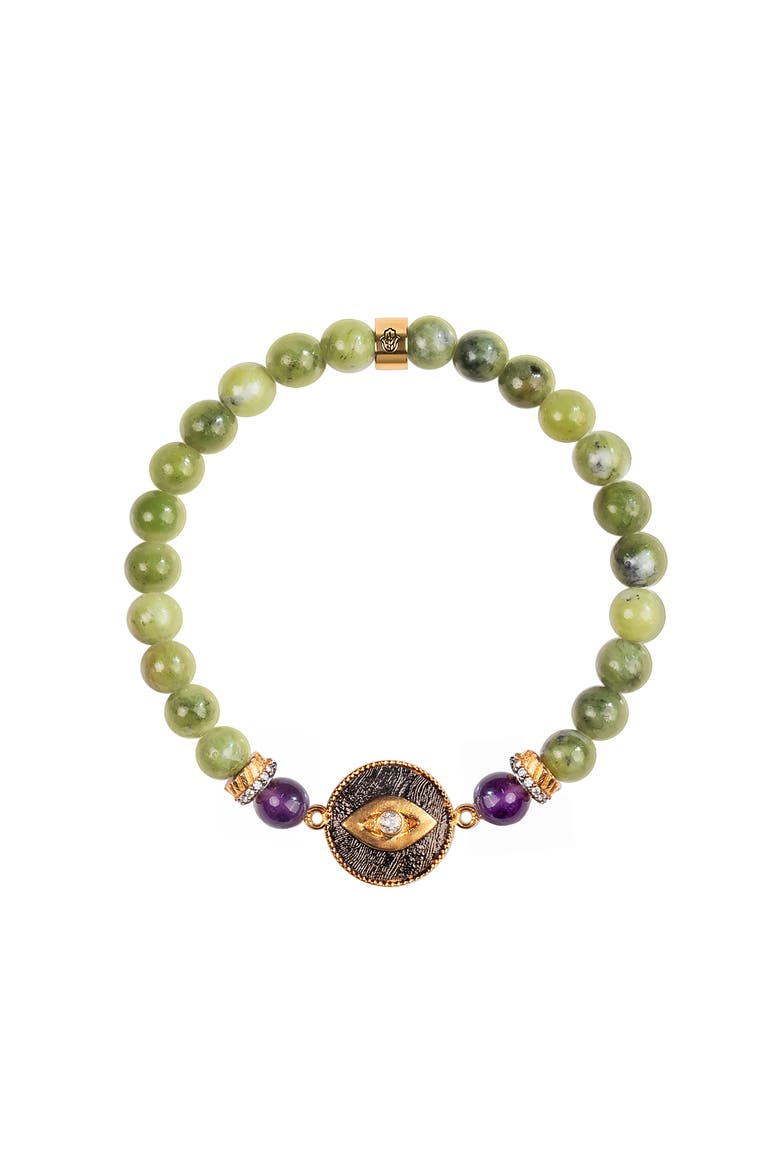 Defensive Trio Jade Stone Evil Eye Bracelet, Main, color, Green/purple/gold