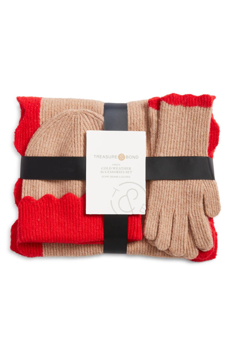 Treasure & Bond Scalloped Scarf, Beanie & Gloves Set, Alternate, color, Camel- Red