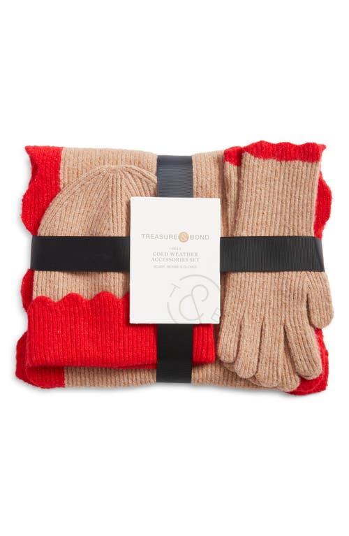 Treasure & Bond Scalloped Scarf, Beanie & Gloves Set In Brown