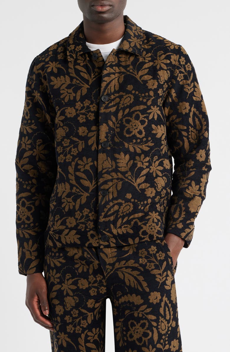 Wax London Iggy Floral Chenille Jacquard Cotton Blend Button-Up Coat, Main, color, Black / Khaki