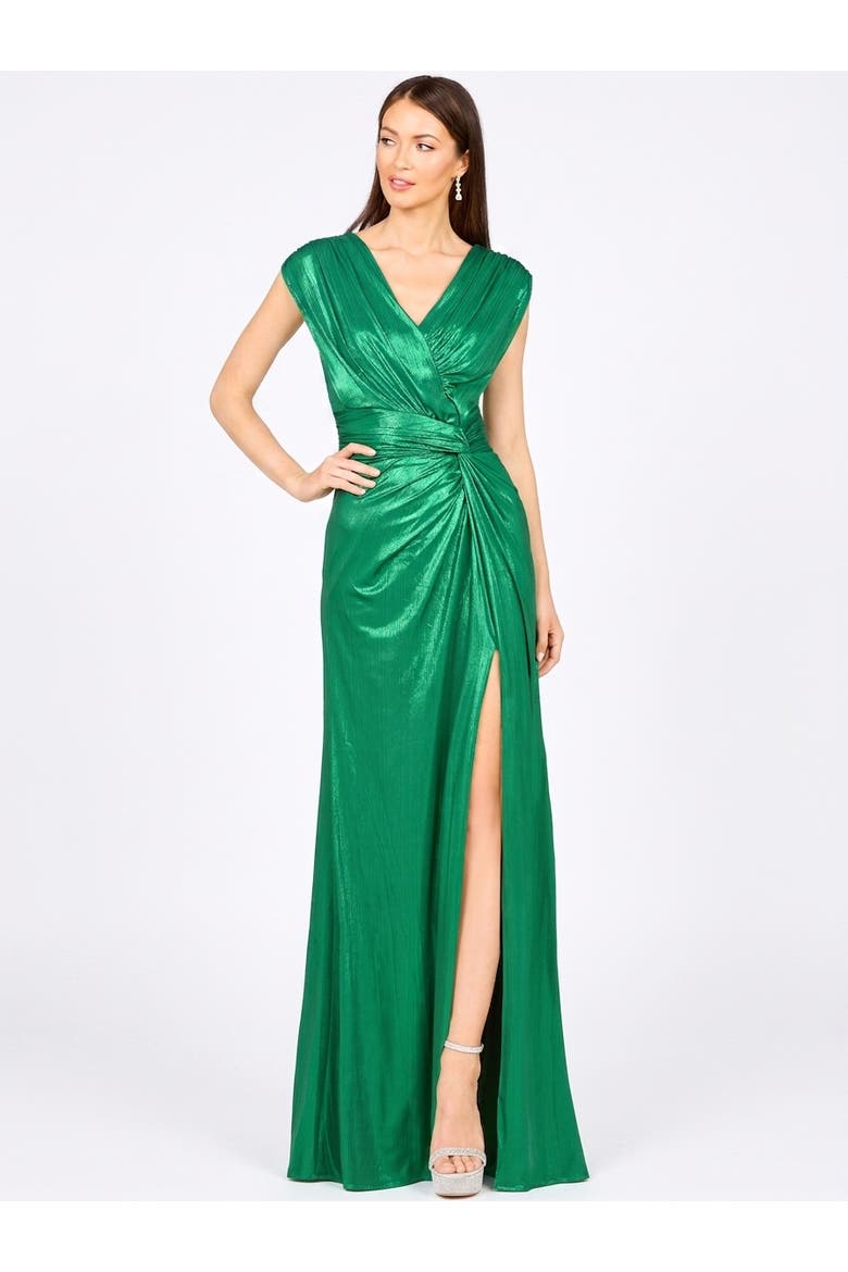 V-Neck Metallic Dress with Slit, Main, color, Green