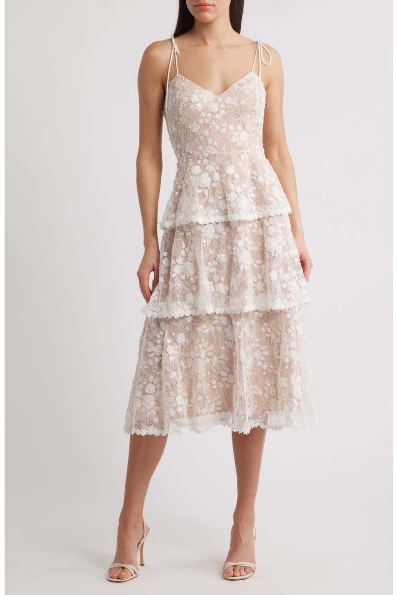 April Tie Strap Tiered Lace Cocktail Dress, Main, color, WHITE