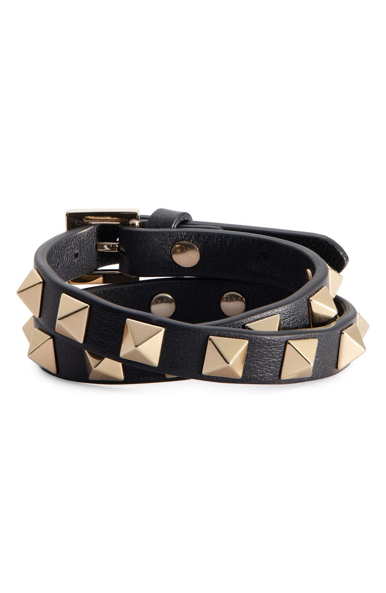 Valentino Garavani Valentino Rockstud Leather Wrap Bracelet, Main, color, 