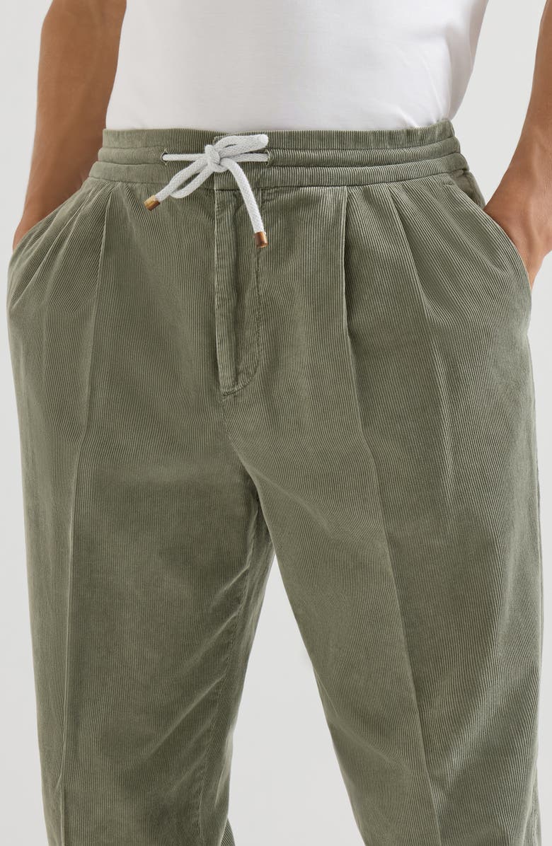 Brunello Cucinelli Garment-dyed trousers in cotton narrow wale corduroy with drawstring and double pleats, Alternate, color, Military