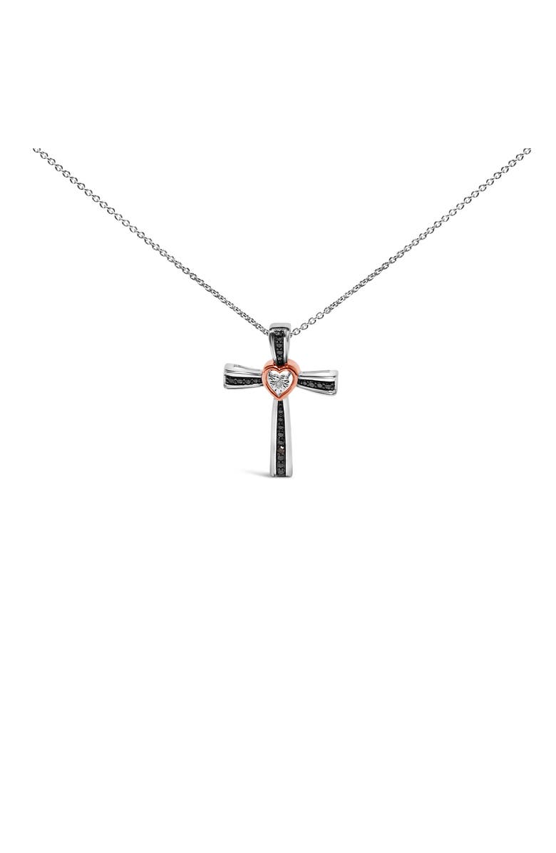Haus of Brilliance 14K Rose Gold Plated Sterling Silver Black Rhodium Diamond Accent Heart Cross Pendant Necklace, Main, color, White Gold Over Silver