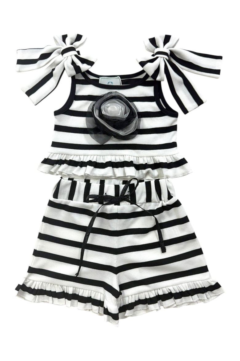 Monaco Striped Girls' Top and Shorts Set, Alternate, color, Black and White