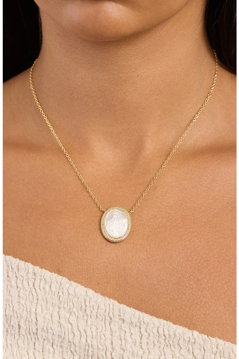Mother-of-Pearl Mary Pavé Cubic Zirconia Medallion Pendant Necklace, Alternate, color, GOLD