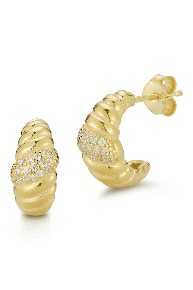 Pavé Cubic Zirconia Twisted Huggie Hoop Earrings, Main, color, GOLD
