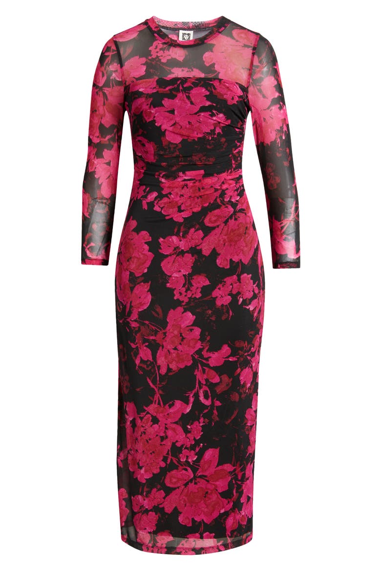 Print Ruched Mesh Midi Dress, Alternate, color, ANNE BLACK MULTI