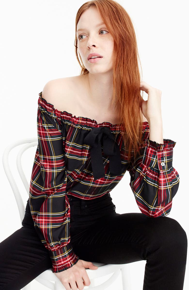 J.Crew Off the Shoulder Stewart Plaid Top, Alternate, color, 