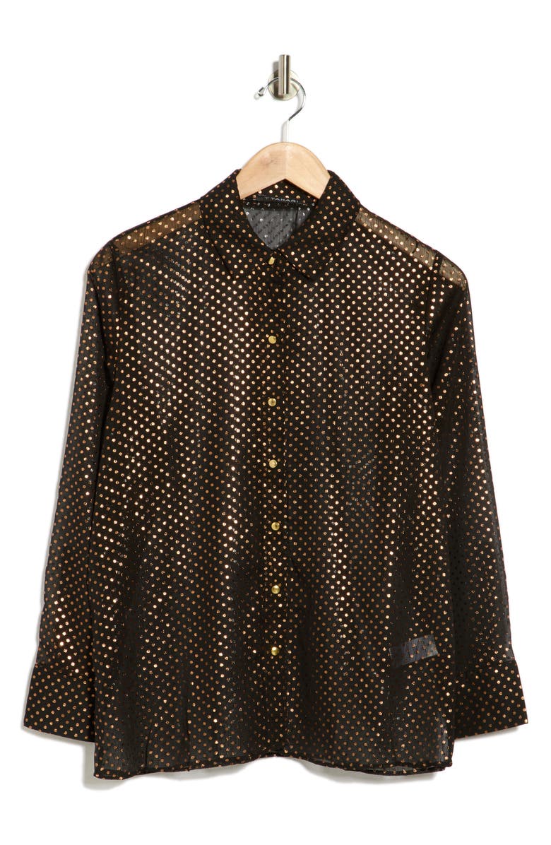 T Tahari Metallic Dot Long Sleeve Button-Up Shirt, Main, color, Black/ Gold Foil Dot